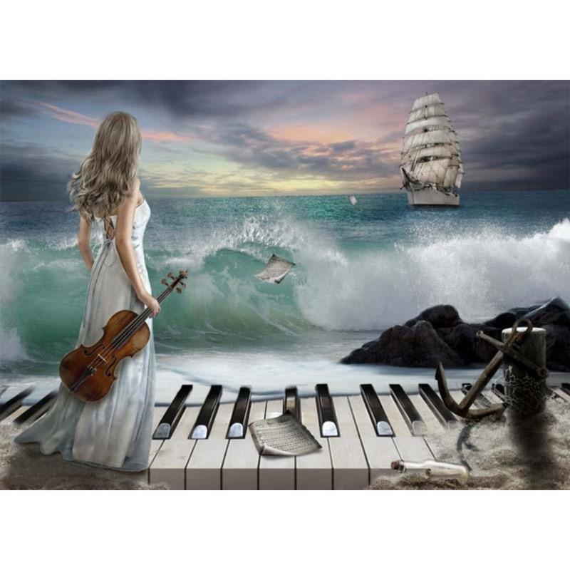 Blue Sea Piano and Beauty Women Diamond Painting Kit - DIY